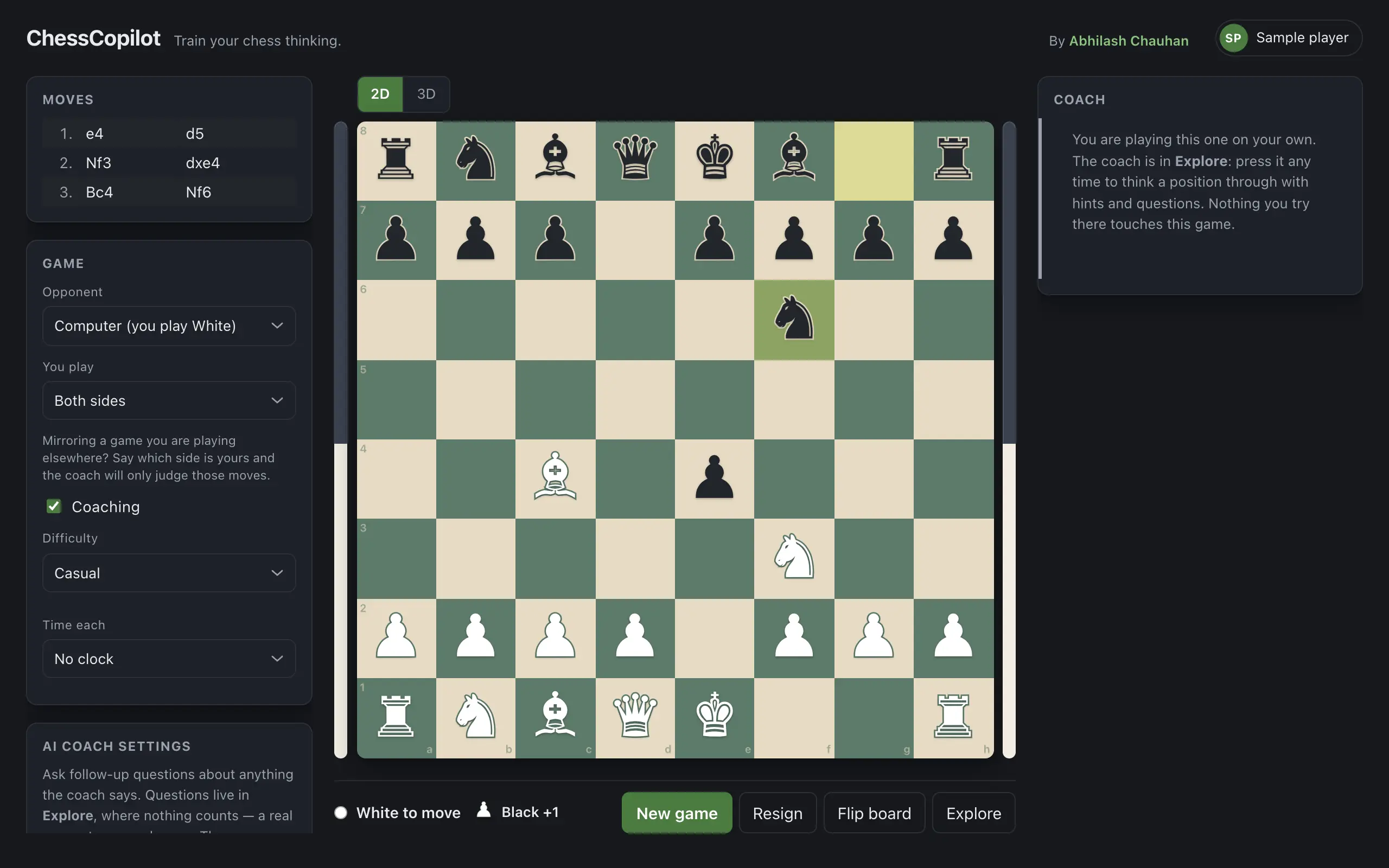 The ChessCopilot board a few moves into a game, with the coach beside it.
